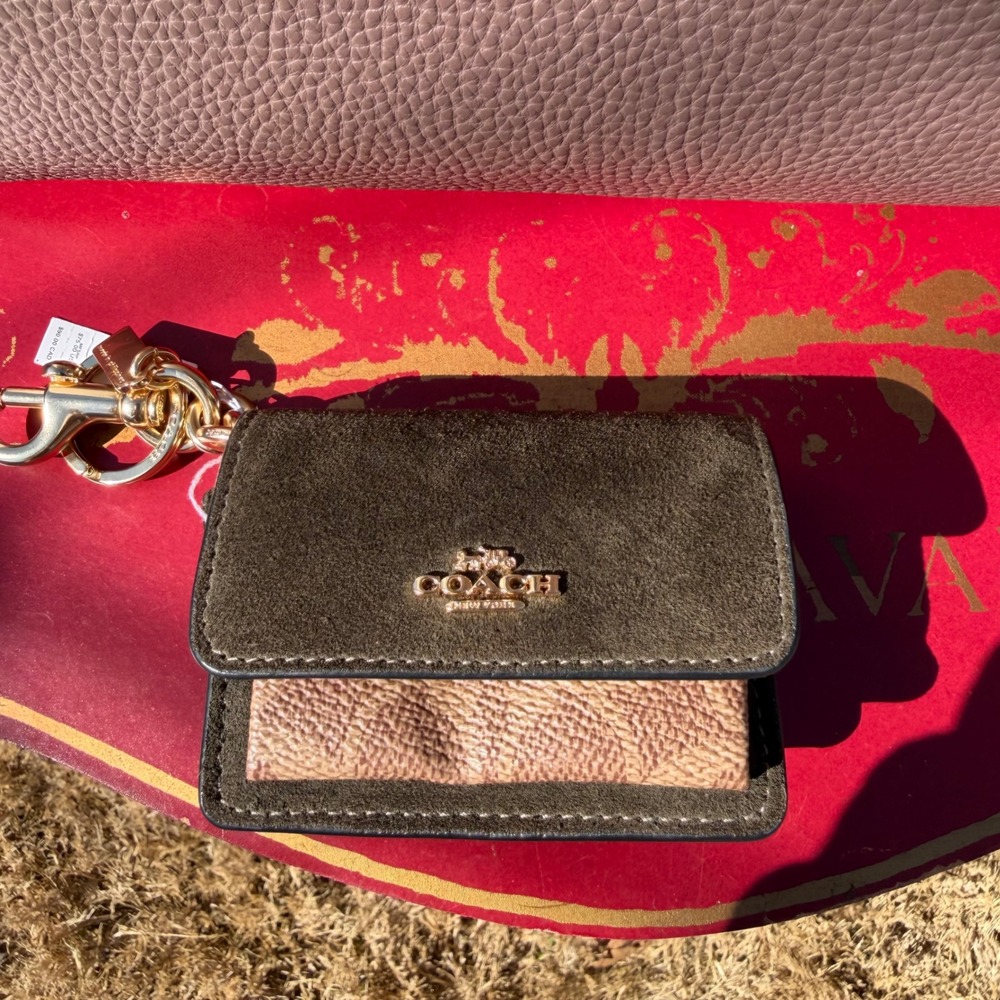Coach Micro Bag Charm Card Holder Olive‎ Suede Signature Canvas Mob Wife Indie